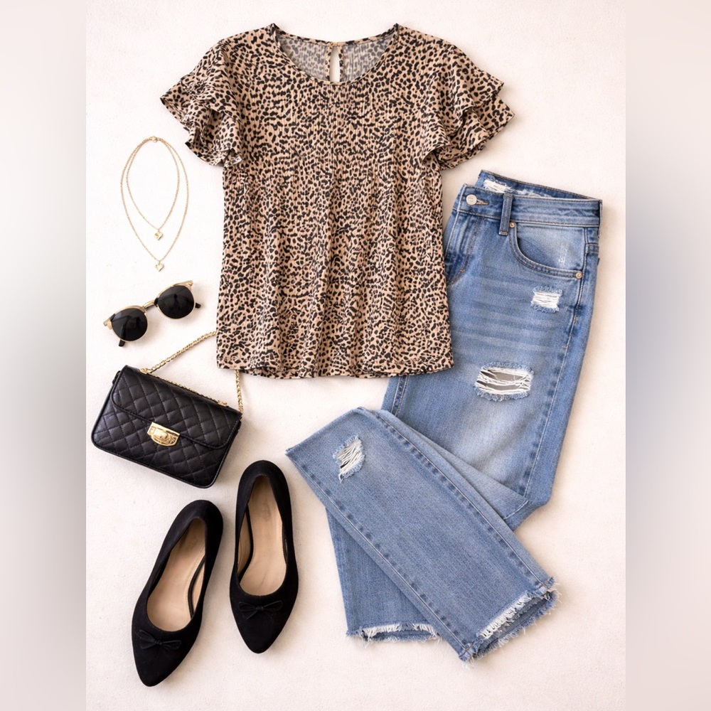 🍓3/$15 Elle Animal Print Blouse with Ruffle Detail